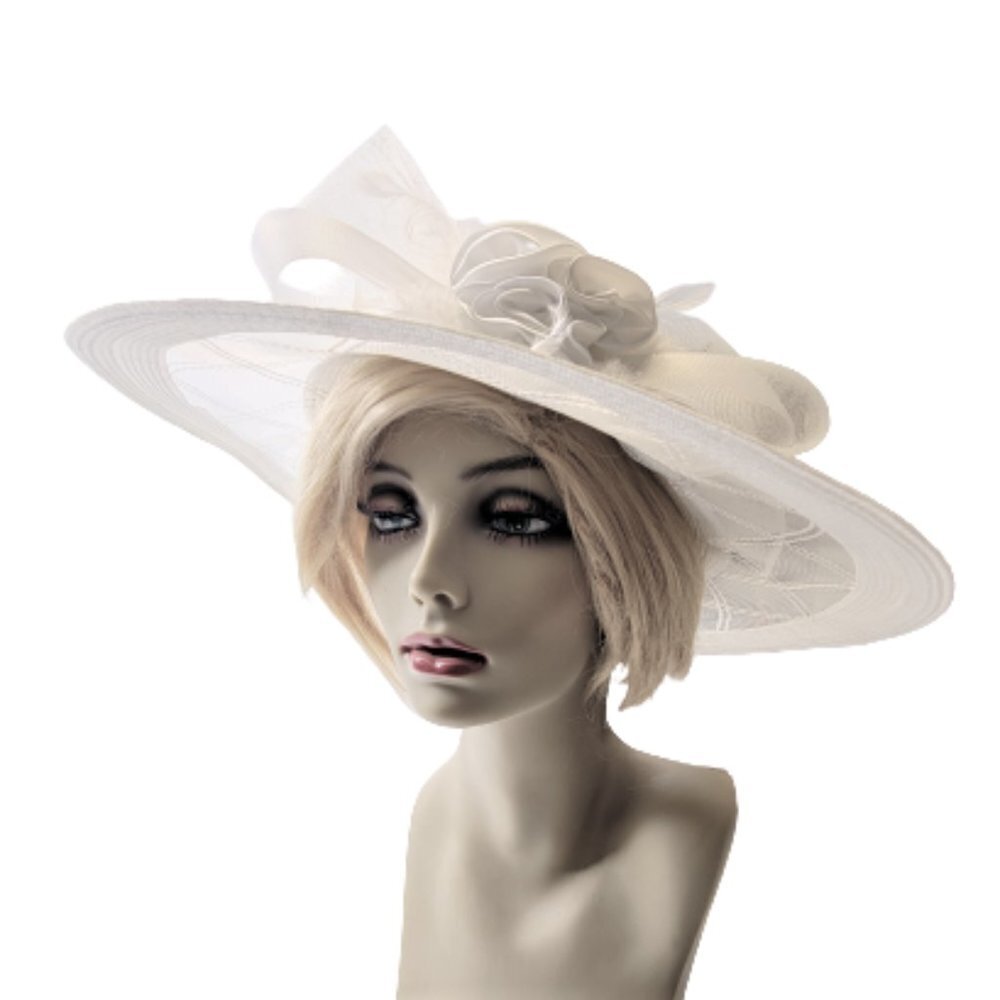 White Satin Ribbon Bows Rosettes Large Wide Brim Hat One Size Fits All - Picture 3 of 12